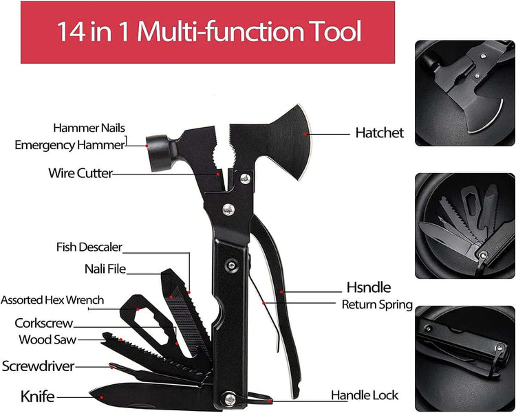 Multitool Camping Accessories, Outdoor Hiking Hatchet Multi Tool Survival Gear, Gifts for Men Dad Husband, 14 in 1 Multi Tool with Axe Hammer Saw Pliers Knife Durable Sheath - Black