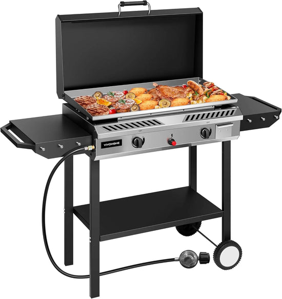 2 Burner Outdoor Propane Griddle Station for Camping, 30,000 BTU with 2 Side-Shelf and Hard Cover