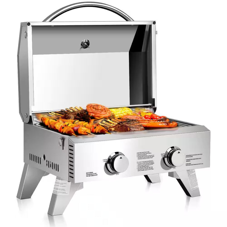 2-Burner Portable Tabletop Propane Gas Grill in Stainless Steel