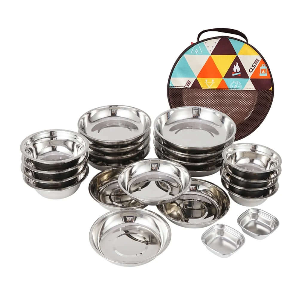 Portable Dinner Plates Camping Tableware Set Stainless Steel Bowls Soup Pots Cooking Camping Picnic