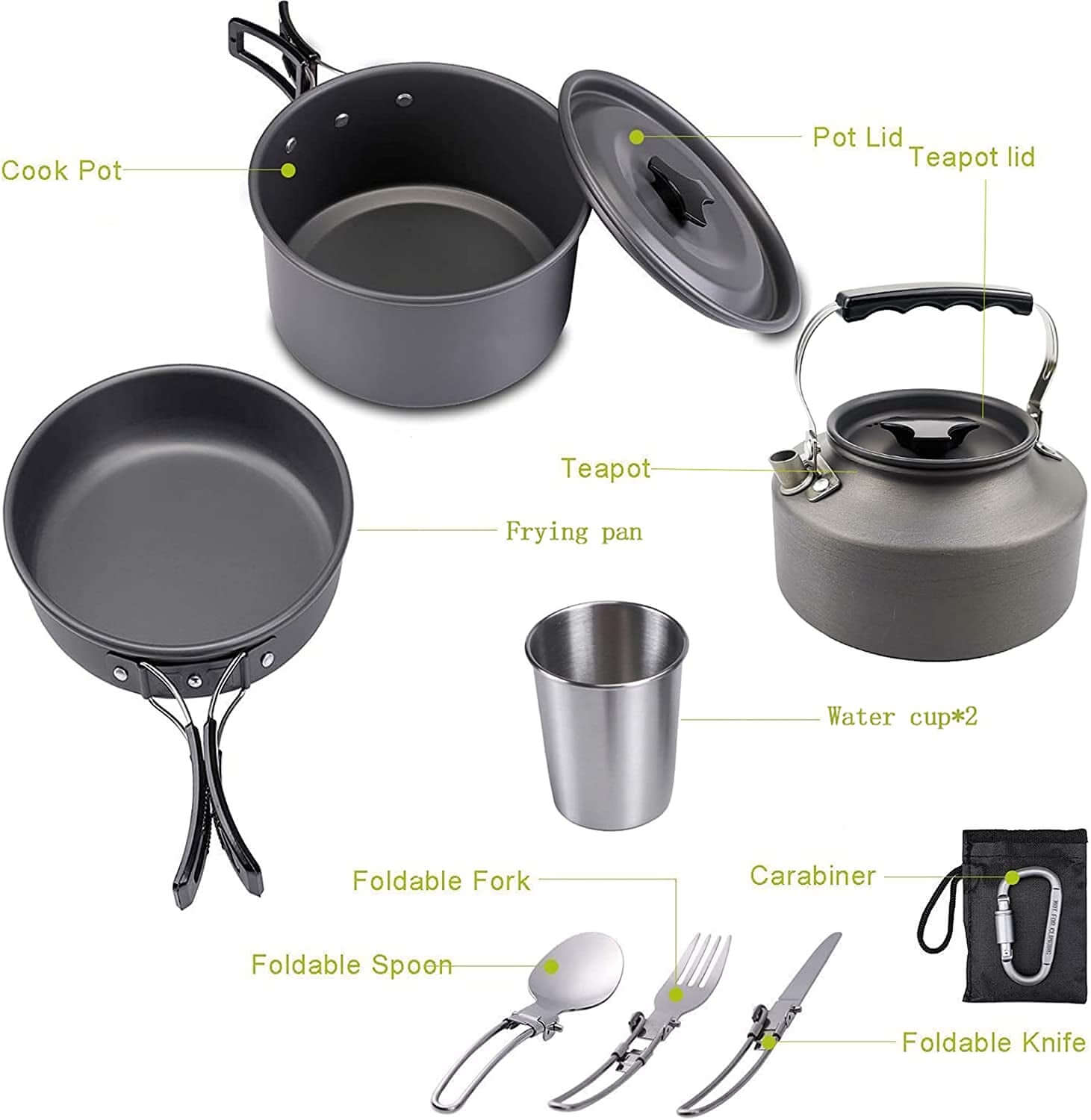 Outdoor Cookware Set Camping Cooker Set Camping Equipment Mountaineering Aluminum Cooker BBQ Tableware Camping Pot Set Suitable for 2~3 People - Green