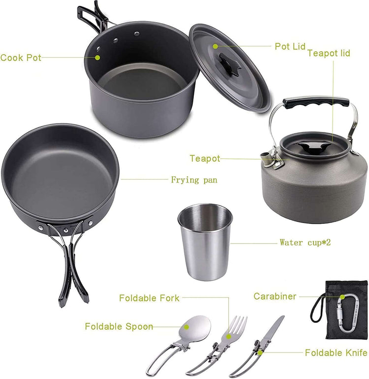 Outdoor Cookware Set Camping Cooker Set Camping Equipment Mountaineering Aluminum Cooker BBQ Tableware Camping Pot Set Suitable for 2~3 People - Green