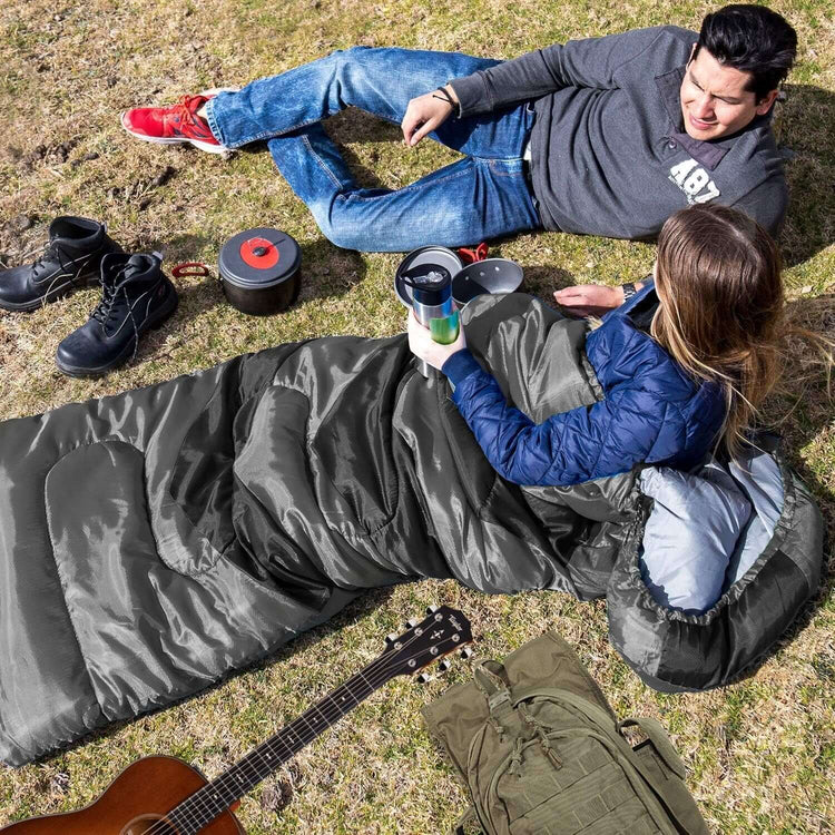 Camping Sleeping Bag + Travel Pillow W/Compact Compression Sack – 4 Season Sleeping Bag for Adults & Kids – Lightweight Warm and Washable, for Hiking Traveling.