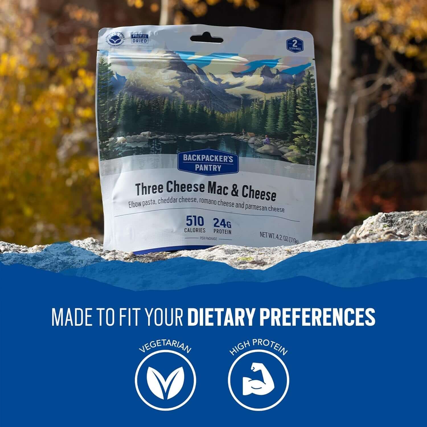 Three Cheese Mac & Cheese - Freeze Dried Backpacking & Camping Food - Emergency Food - 24 Grams of Protein, Vegetarian