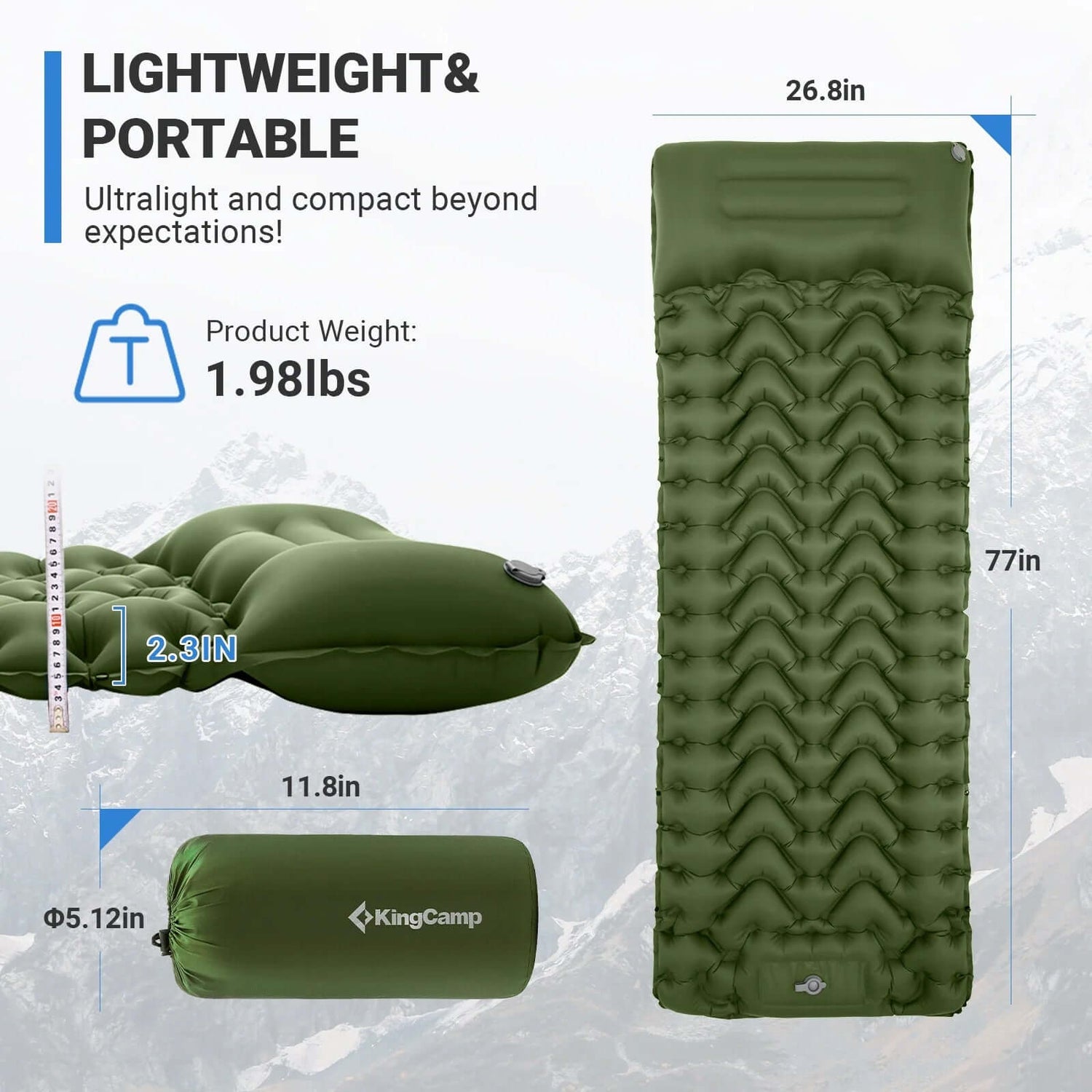 Sleeping Pad for Camping Mattress with Built in Foot Pump Connectable, Durable Inflatable Self Inflating Sleeping Pad with Pillow Compact & Comfortable for Camping and Hiking, Olive