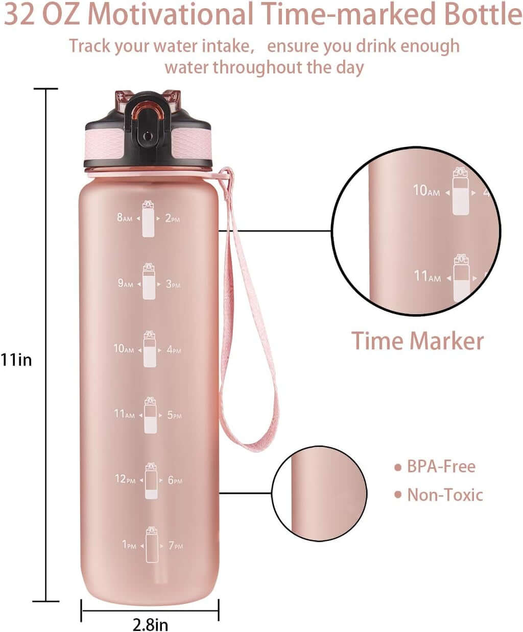 32 Oz Water Bottle with Time Marker, Carry Strap, Leak-Proof Tritan Bpa-Free, Ensure You Drink Enough Water for Fitness, Gym, Camping, Outdoor Sports