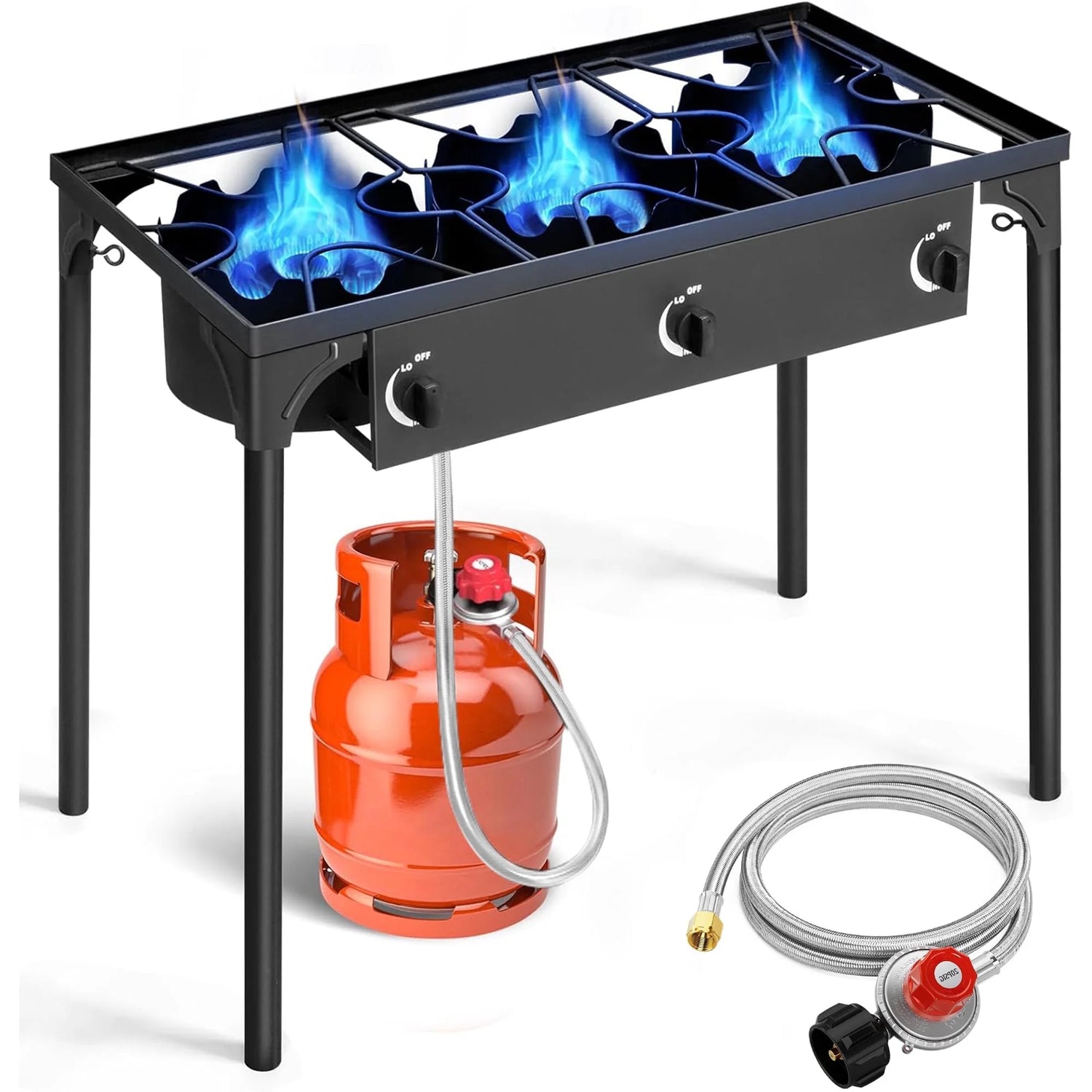 3-Burner Propane Camping Stove, Gas Stove for Outdoor Cooking BBQ, 225,000 -BTU, 20 PSI Regulator, High Pressure, Heavy Duty, Black