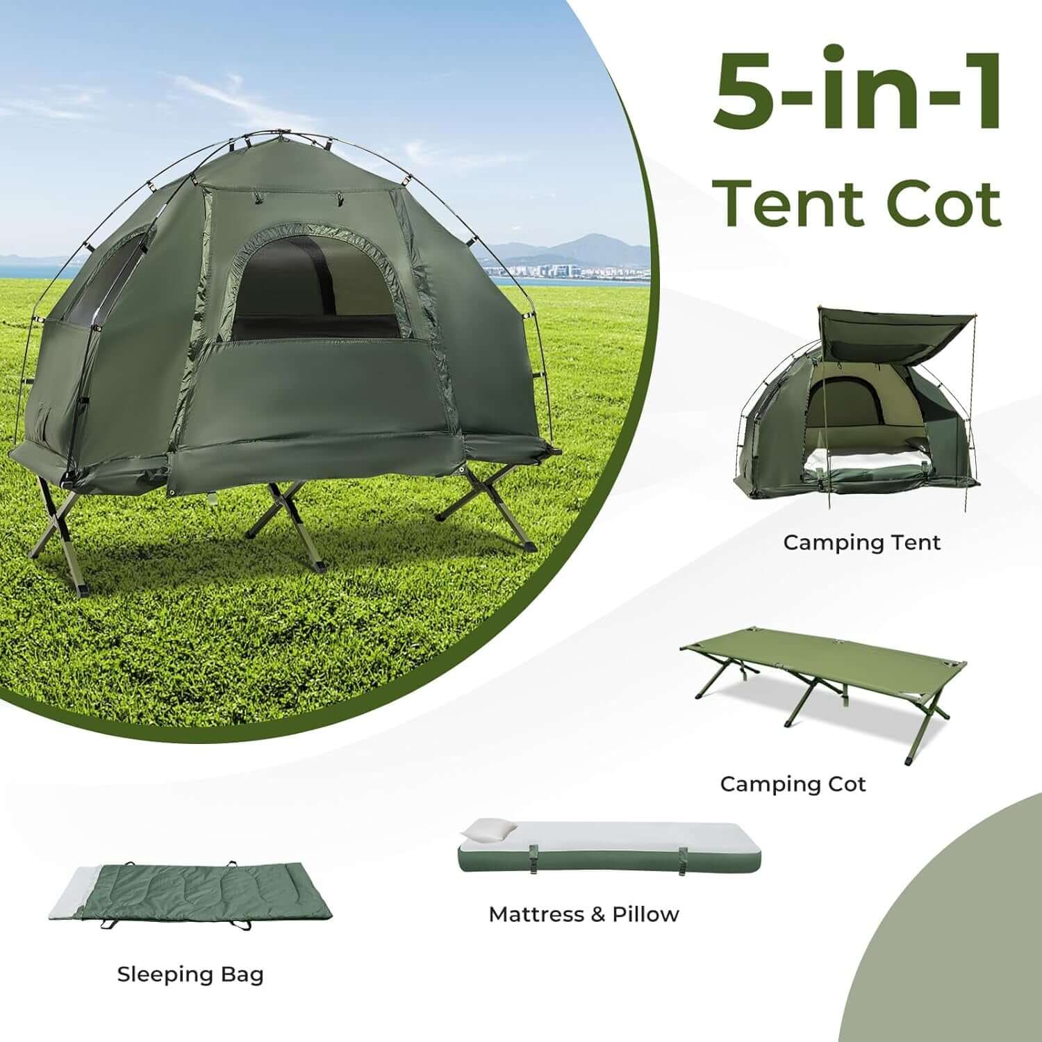 Tent Cot, 5-In-1 Folding Camping Cot with Mattress & Pillows, Sleeping Bags, Sunshade, Camping Tent Elevated with Carrying Bag for Outdoor Hiking, Fishing, Picnic