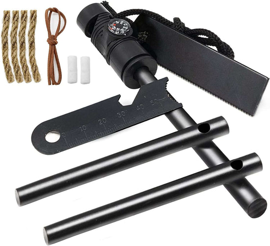 Fire Starter Survival Tool, Ferro Rod Kit with with Compass, Paracord and Whistle, Flint and Steel Survival Igniter with Tinder Rope and Tab for Camping, Hiking and Emergency