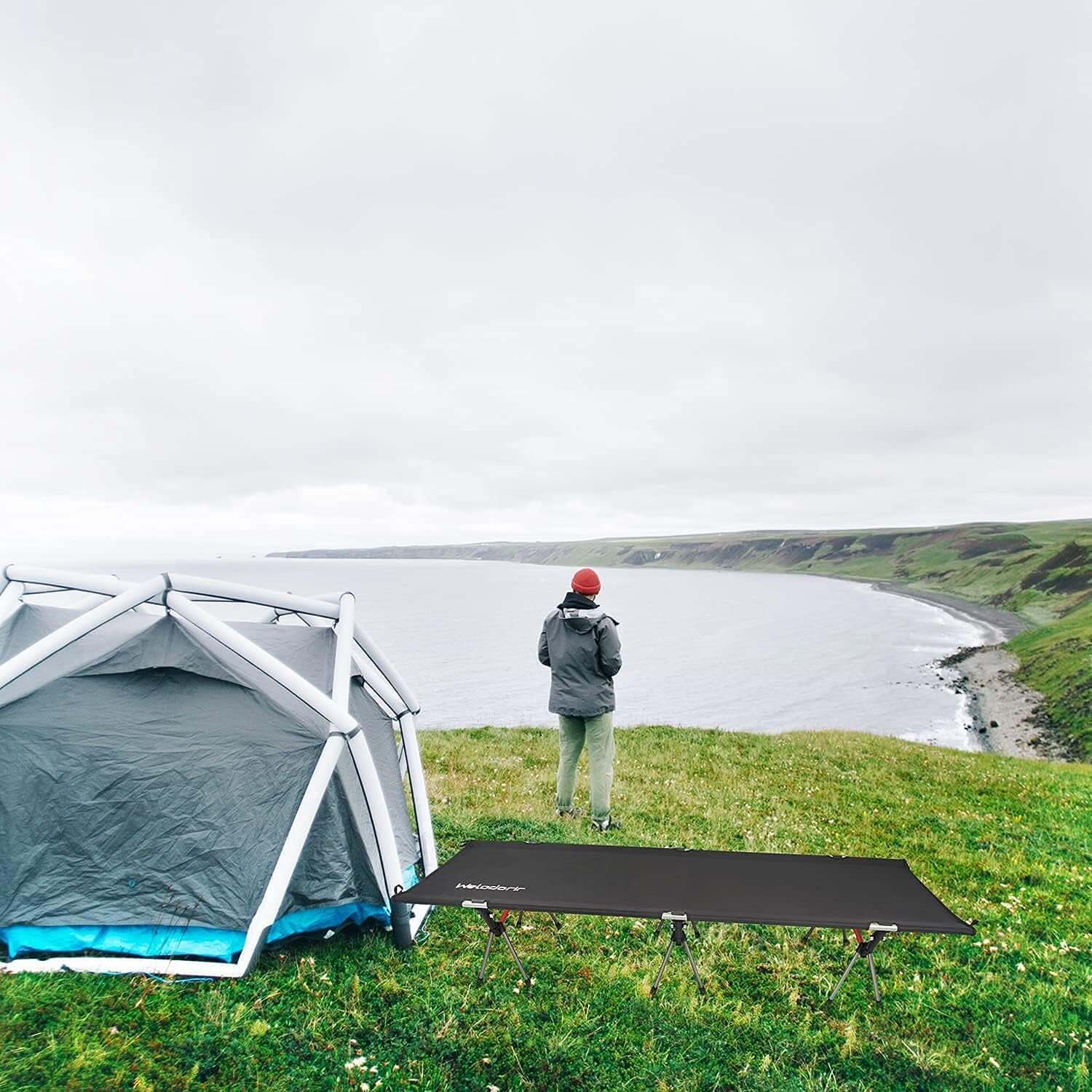 Camping Cot,Outdoor Folding Portable Cot,Height Adjustable Tent Cot Aluminum Alloy Heavy Duty Adult Compact Bed Lightweight Cot for Lawn, Travel,Hiking, Office,Beach (Black)