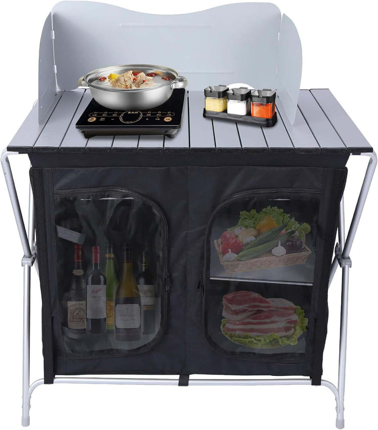 Aluminum Camping Table with Roll up Table Top and Storage, Portable Folding Outdoor Grill Table for Picnic BBQ Cooking, Silver