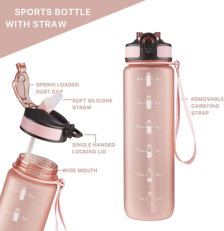 32 Oz Water Bottle with Time Marker, Carry Strap, Leak-Proof Tritan Bpa-Free, Ensure You Drink Enough Water for Fitness, Gym, Camping, Outdoor Sports