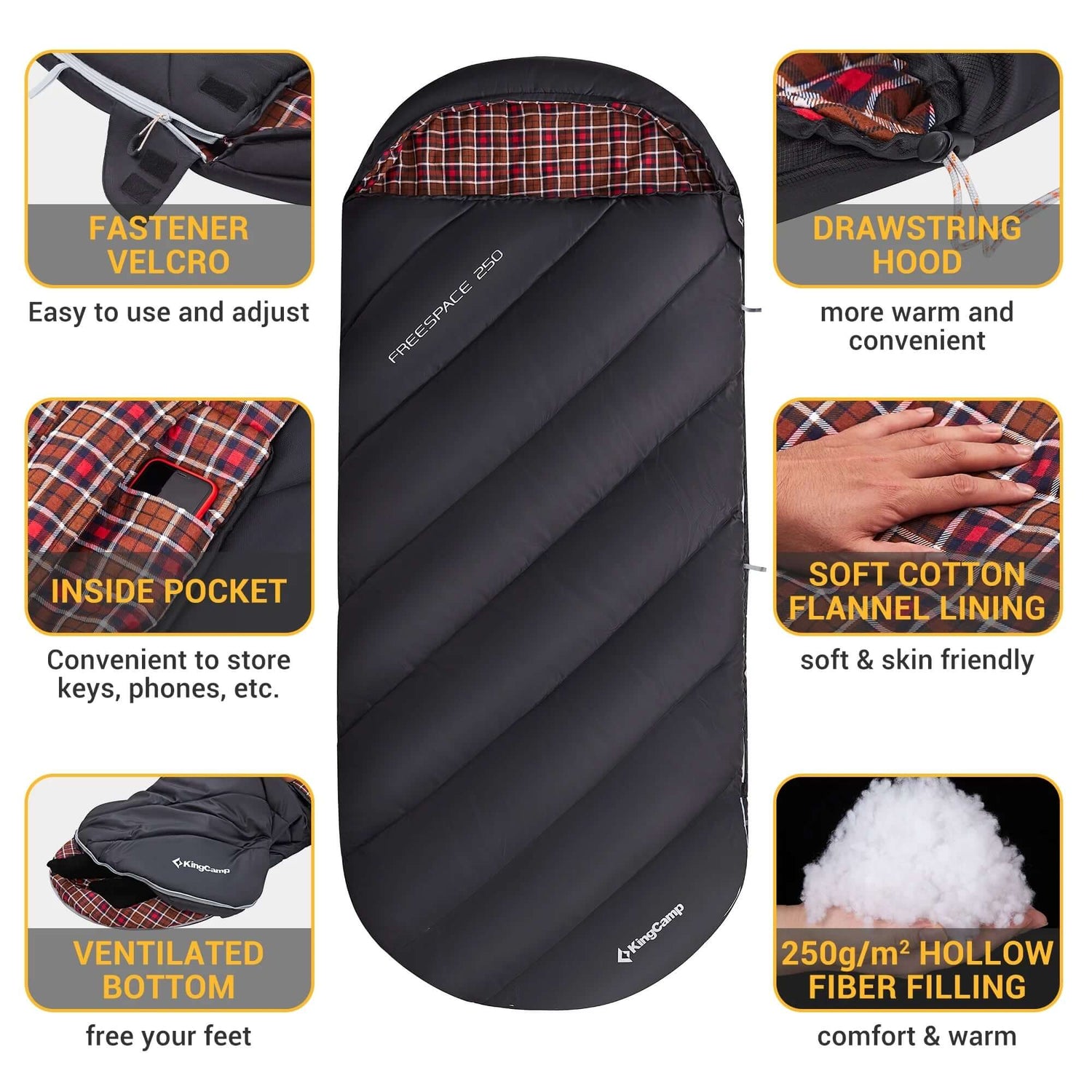 Sleeping Bag for Adults Big and Tall Flannel Lining XL Size Sleeping Bag for Camping Backpacking Suitable for Warm & Cold Weather, Lightweight Comfortable & Weather-Proof, Black