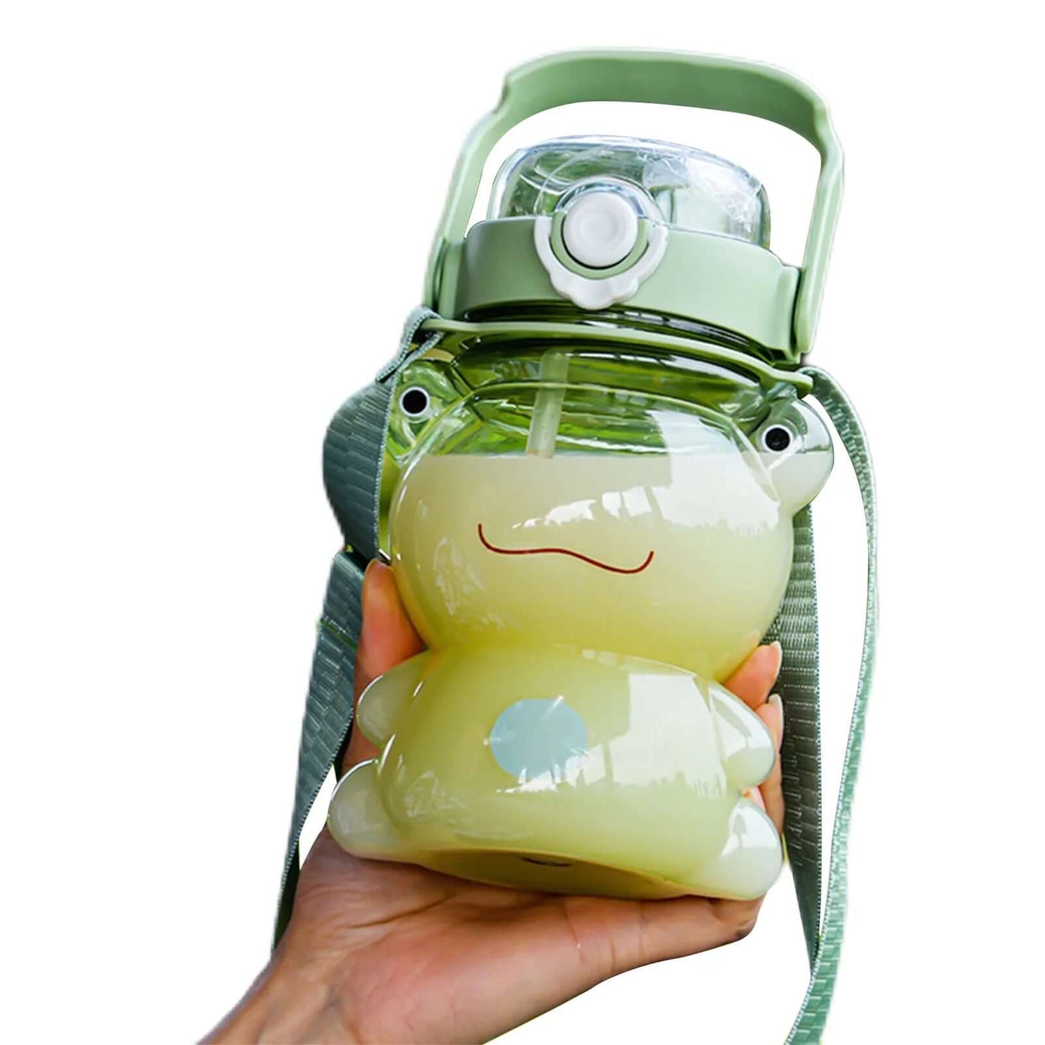 850Ml Bear/Frog Cups Children Double Drink Straw Kettles Water Bottles (Green)