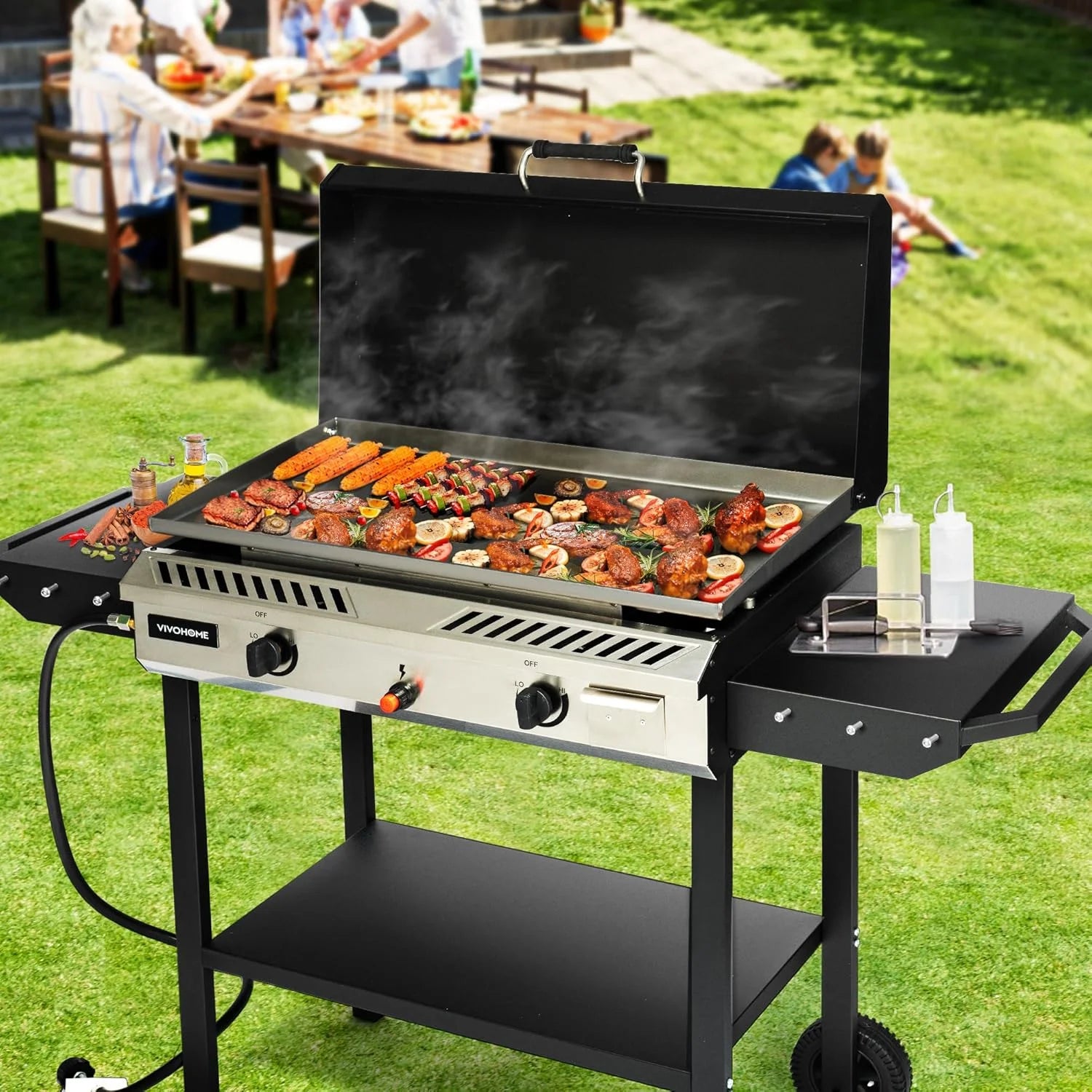 2 Burner Outdoor Propane Griddle Station for Camping, 30,000 BTU with 2 Side-Shelf and Hard Cover