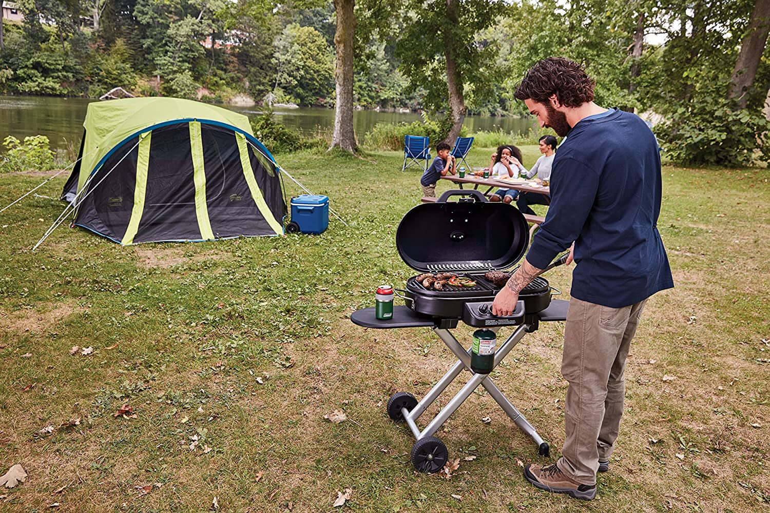 Roadtrip 285 Portable Stand-Up Propane Grill, Gas Grill with 3 Adjustable Burners and Instastart Push-Button Ignition; Grease Tray, Side Tables, Thermometer, Folding Legs & Wheels Included