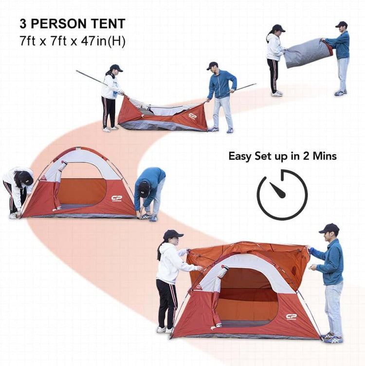 3 Person Tent - Dome Tents for Camping, Waterproof Windproof Backpacking Tent, Easy Set up Small Lightweight Tents, for All Seasons Hiking Beach Outdoor with 3 Mesh Windows