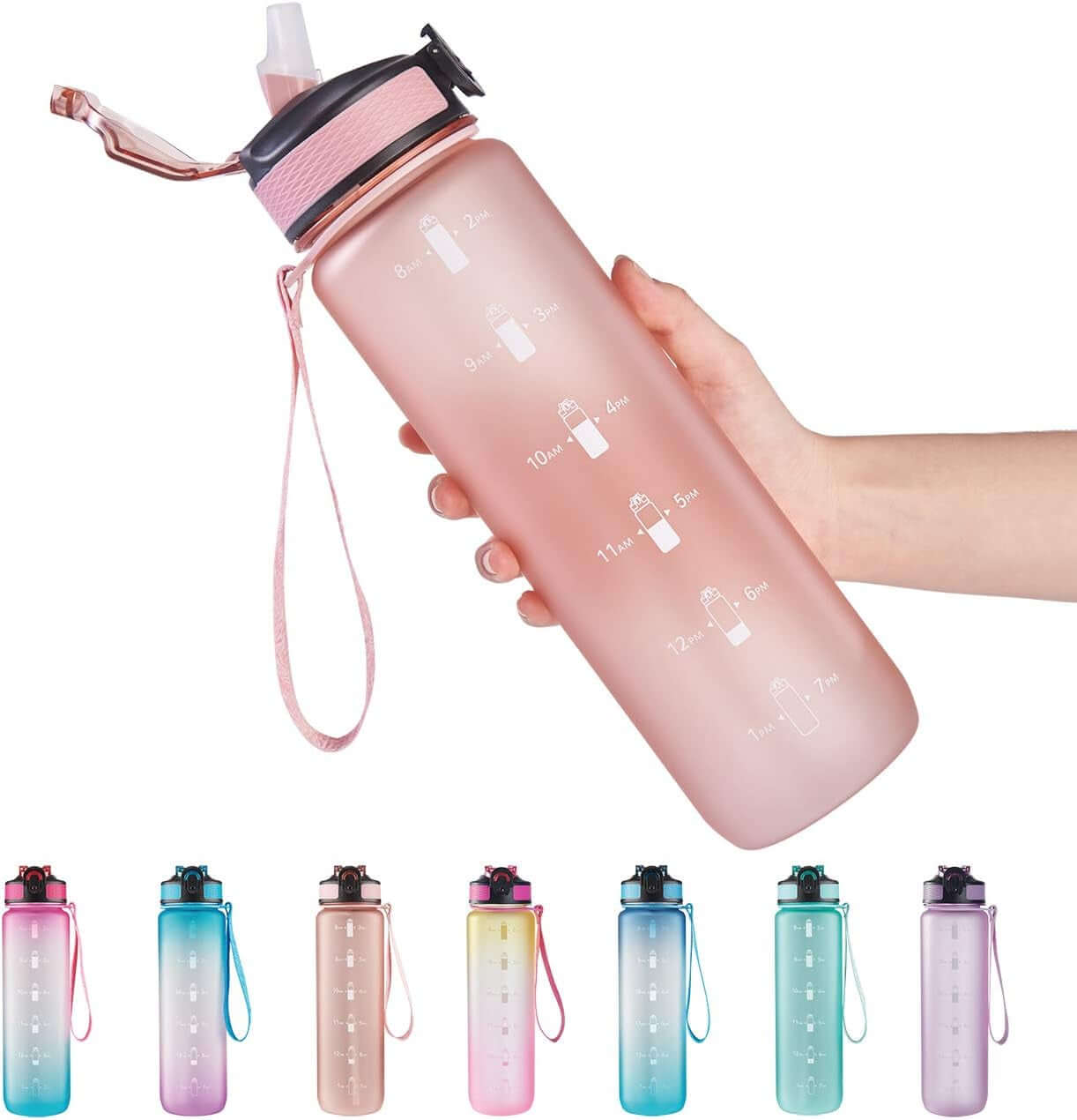 32 Oz Water Bottle with Time Marker, Carry Strap, Leak-Proof Tritan Bpa-Free, Ensure You Drink Enough Water for Fitness, Gym, Camping, Outdoor Sports