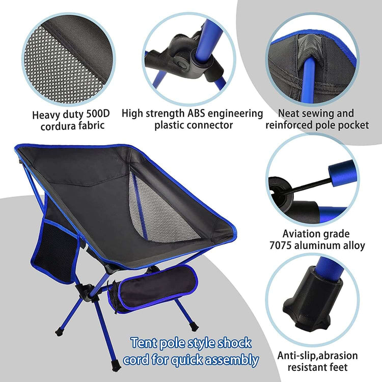 Portable Camping Chair - Compact Ultralight Folding Backpacking Chairs, Small Collapsible Foldable Packable Lightweight Backpack Chair in a Bag for Outdoor, Camp, Picnic, Hiking (Blue)