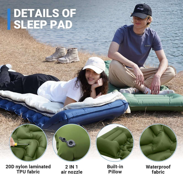 Sleeping Pad for Camping Mattress with Built in Foot Pump Connectable, Durable Inflatable Self Inflating Sleeping Pad with Pillow Compact & Comfortable for Camping and Hiking, Olive