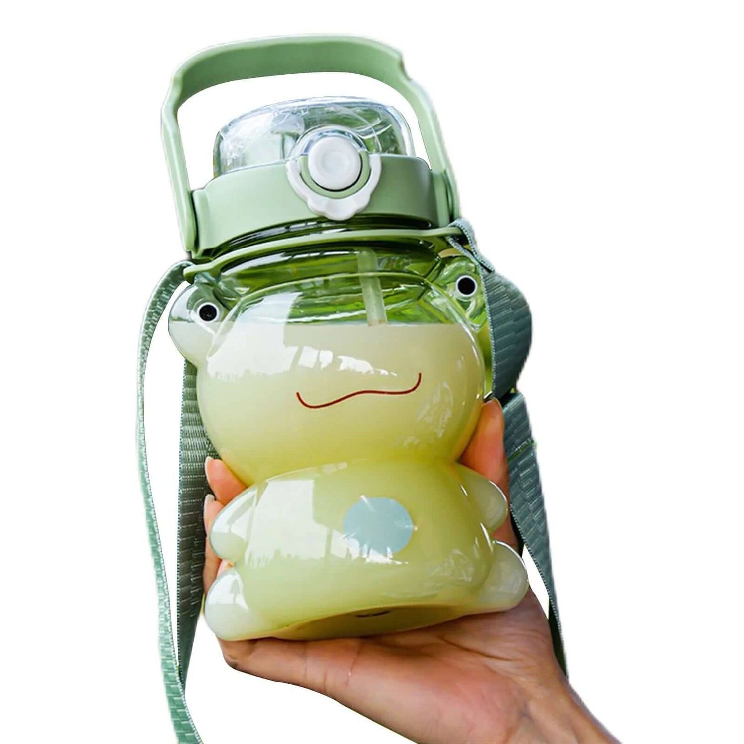 850Ml Bear/Frog Cups Children Double Drink Straw Kettles Water Bottles (Green)