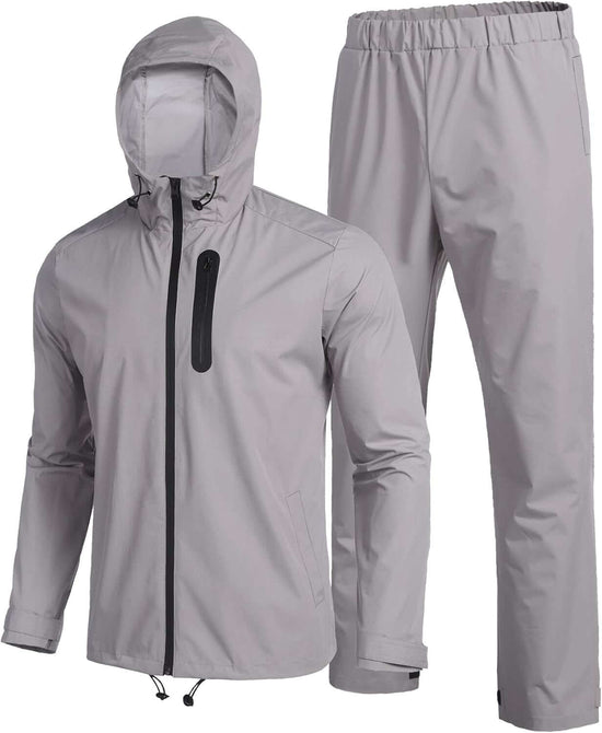 Mens Waterproof Rain Suit with Hood 2 Pieces Lightweight Fishing Camping Rain Jacket (Medium, Grey)