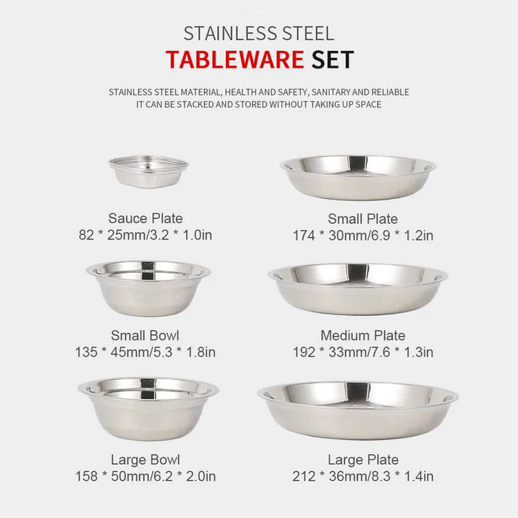 Portable Dinner Plates Camping Tableware Set Stainless Steel Bowls Soup Pots Cooking Camping Picnic