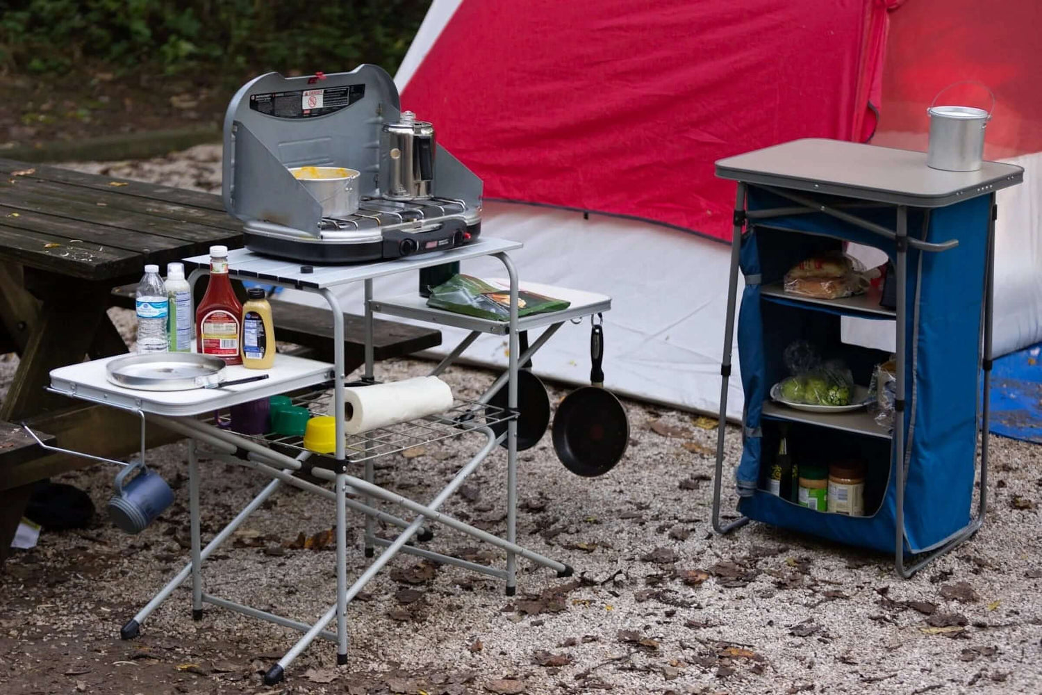 Camp Kitchen Cooking Stand with Three Table Tops, Indoor Outdoor